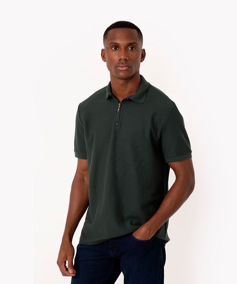 polo em piquet com zíper manga curta  verde escuro