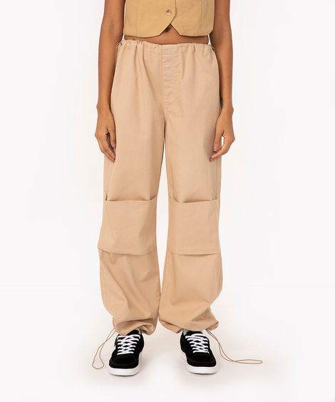 calça parachute de sarja com regulador cintura média bege