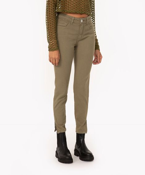 calça de sarja super skinny cintura média com zíper verde escuro