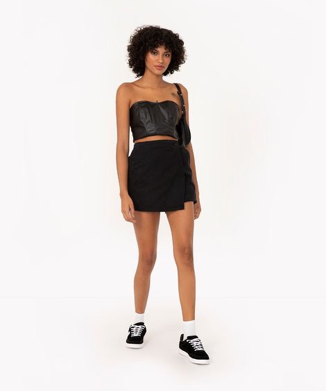 short saia de sarja cintura super alta com bolsos preto