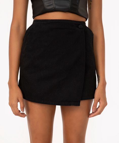 short saia de sarja cintura super alta com bolsos preto