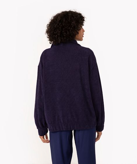blusa de veludo com zíper e bolso azul marinho