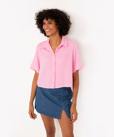 camisa cropped de viscose manga curta rosa escuro