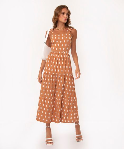 vestido midi decote reto alça franzida poá caramelo