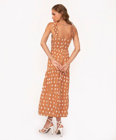 vestido midi decote reto alça franzida poá caramelo