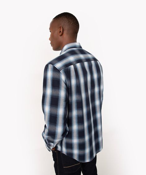 camisa comfort de algodão xadrez manga longa azul médio