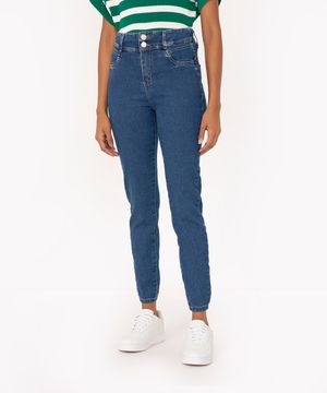 calça jeans cigarrete cintura alta cós duplo sawary azul médio