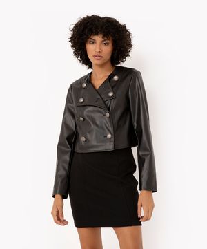 jaqueta de pu com recortes e botões preto