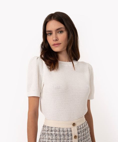 blusa de tricô texturizado manga curta bufante off white