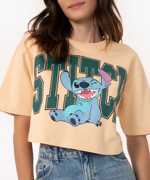 camiseta cropped de moletinho stitch manga curta bege