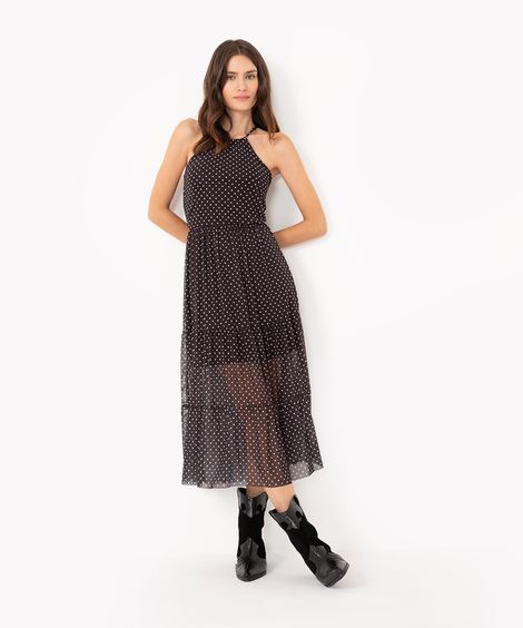vestido de tule halterneck midi poá preto