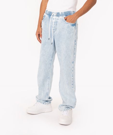 calça jeans wide leg com bolsos e cordão azul claro