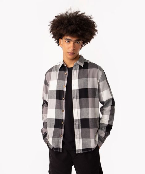 camisa de flanela xadrez manga longa cinza escuro