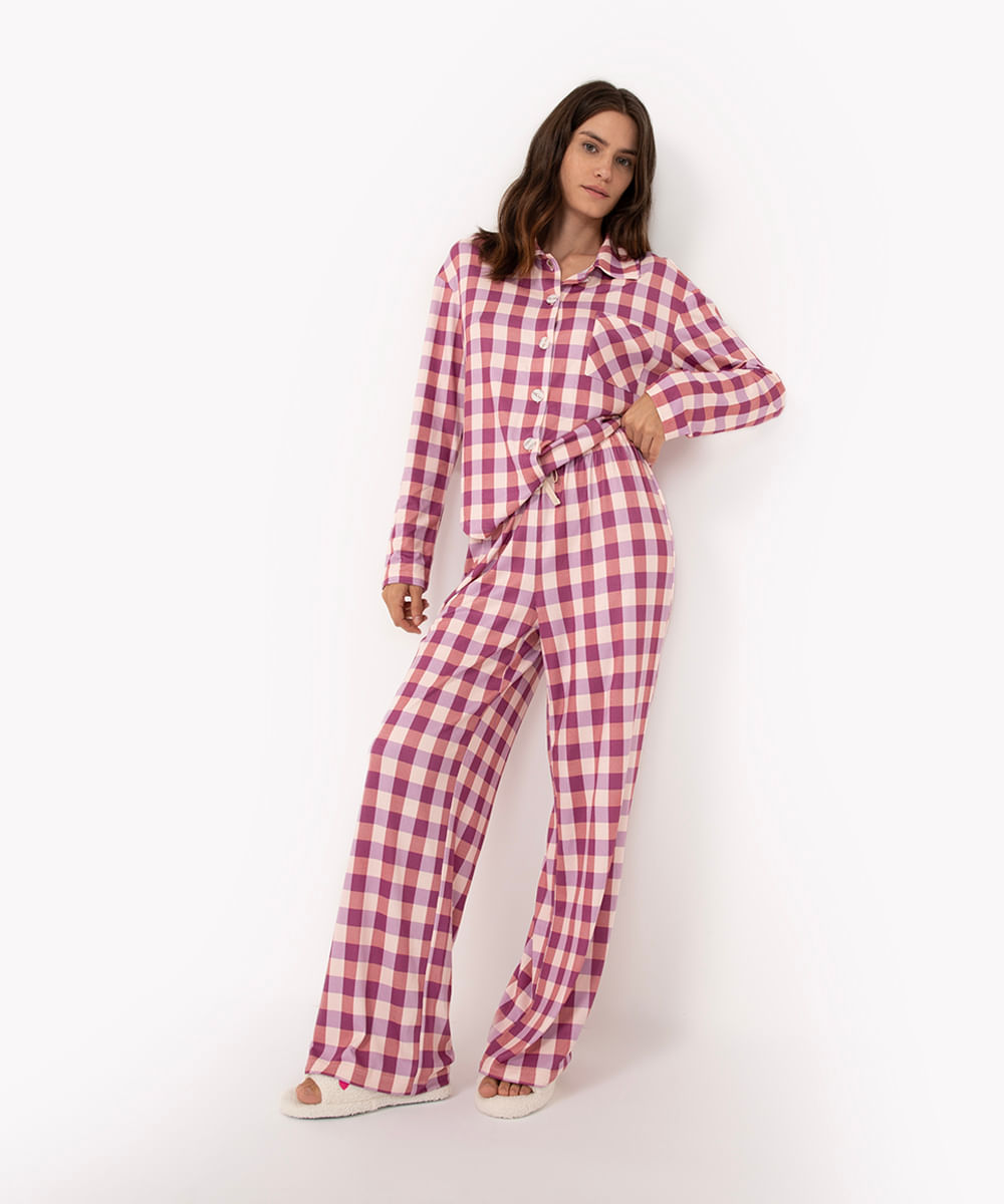 Pijama Americano Longo Xadrez Rosa