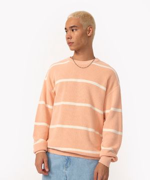 suéter de tricô manga longa listrado laranja claro