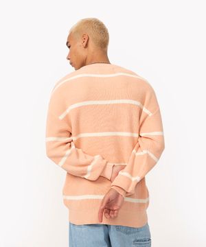 suéter de tricô manga longa listrado laranja claro