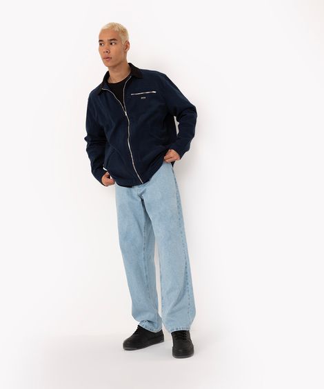 jaqueta de sarja trucker gola cotelê manga longa azul escuro