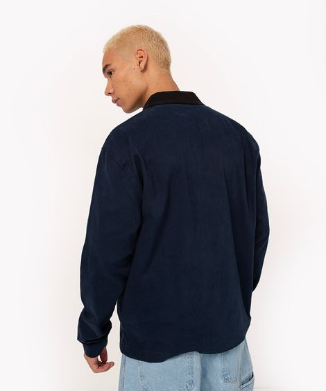 jaqueta de sarja trucker gola cotelê manga longa azul escuro