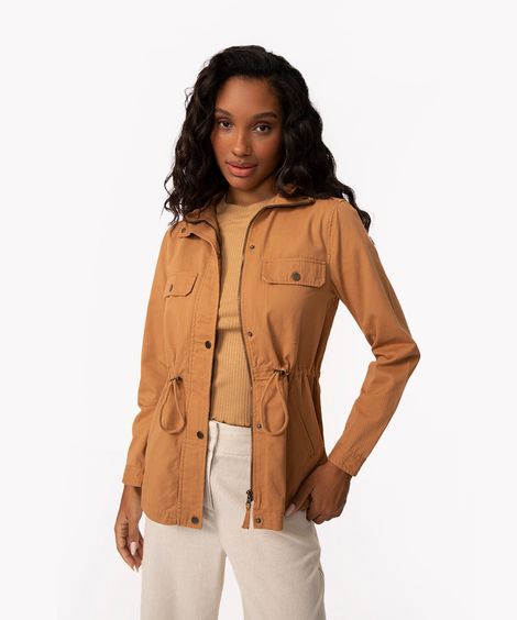 jaqueta parka de sarja com bolsos - caramelo