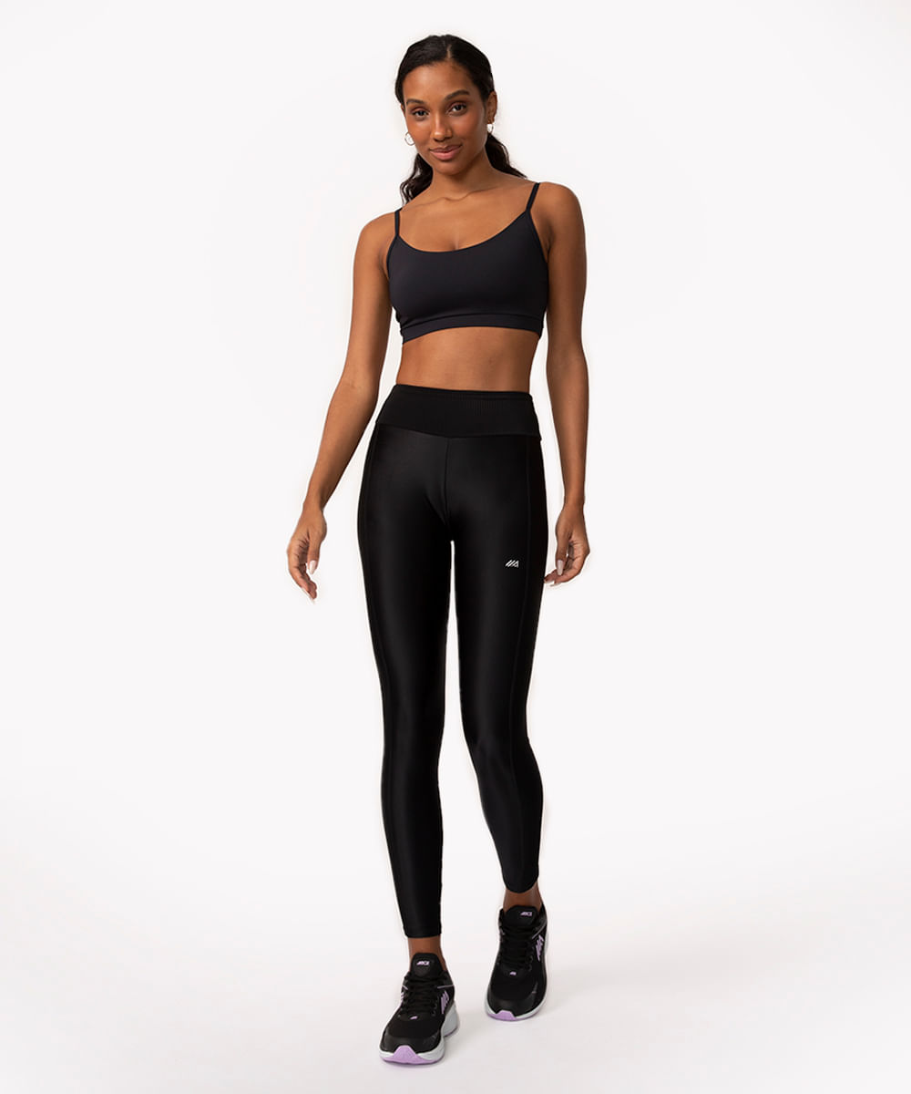 calça legging cintura alta com recorte canelado esportiva ace preta - C&A