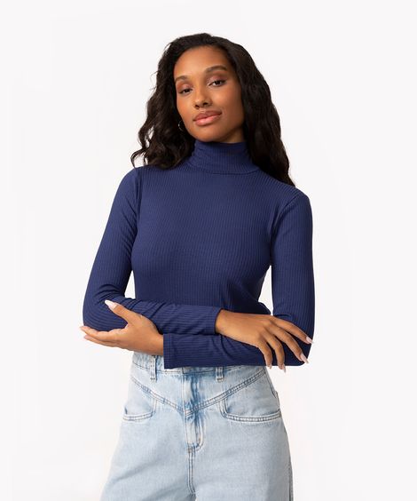 blusa de malha canelada manga longa gola alta azul