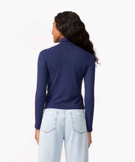 blusa de malha canelada manga longa gola alta azul