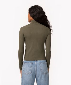 blusa de malha canelada manga longa gola alta verde
