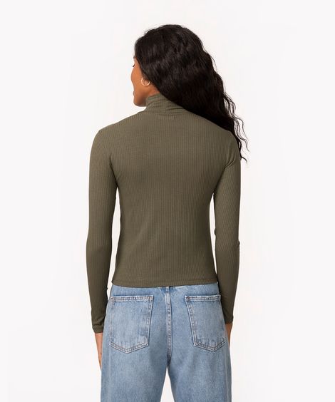 blusa de malha canelada manga longa gola alta verde