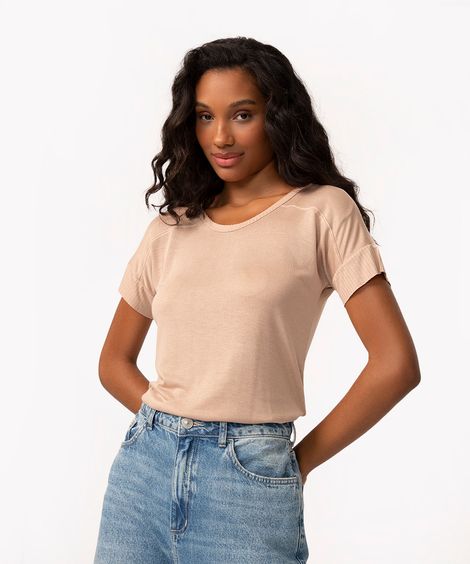 blusa de tricô com recorte e manga curta bege claro