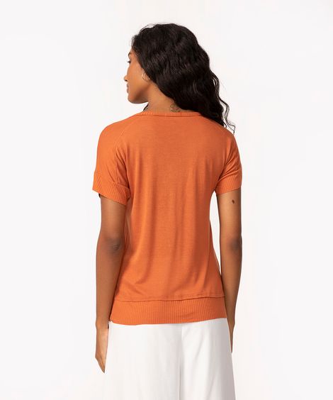 blusa de tricô com recorte e manga curta laranja