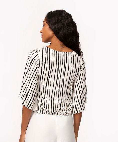 blusa de viscose listrada com amarração manga 3/4 off white