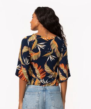 blusa de viscose folhagem com amarração manga 3/4 azul marinho