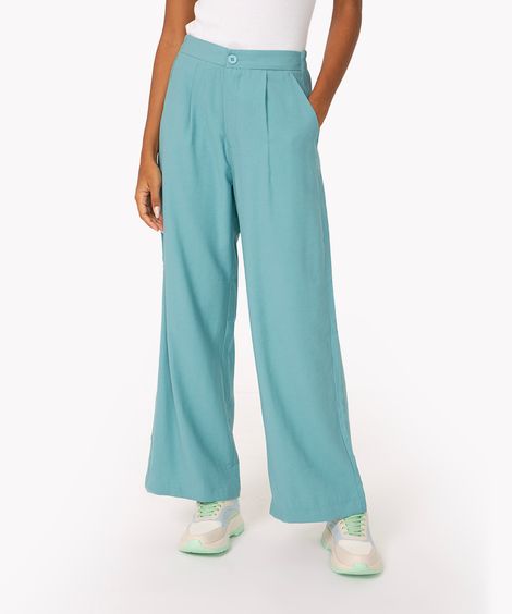 calça wide leg de viscose cintura alta - azul