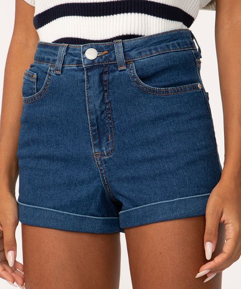 short jeans hot pants stretch cintura super alta azul escuro