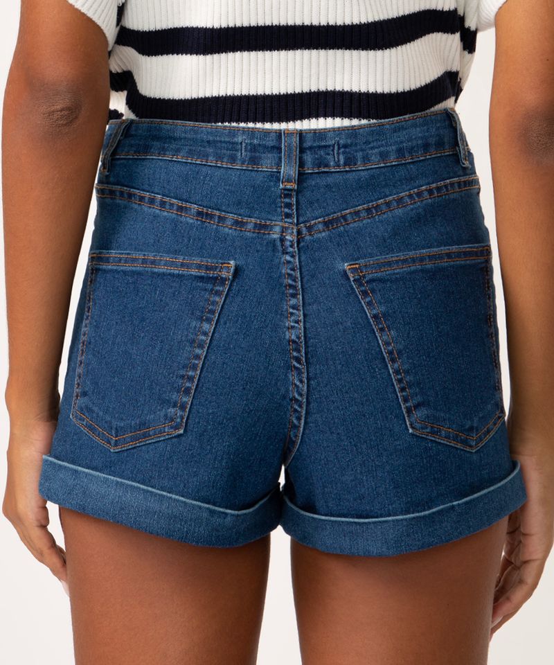 short jeans hot pants stretch cintura super alta azul escuro