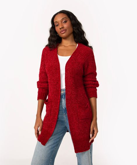 cardigan de tricô chenille com bolsos vinho