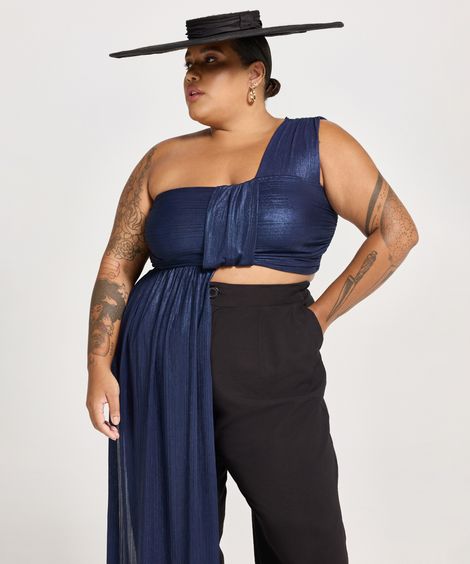 top cropped alongado plus size ombro único mindset e robertita azul marinho