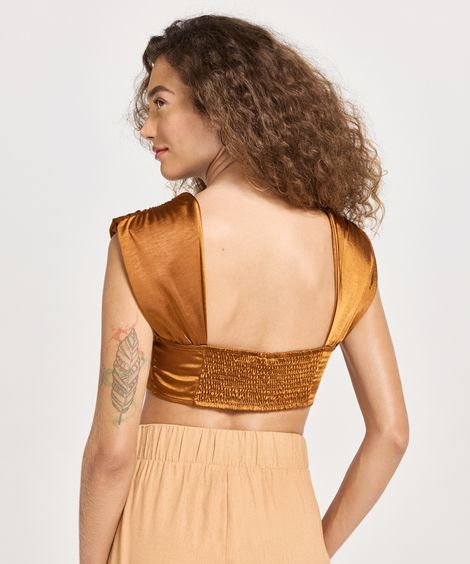 top cropped princesa acetinado com ombreira mindset e robertita marrom