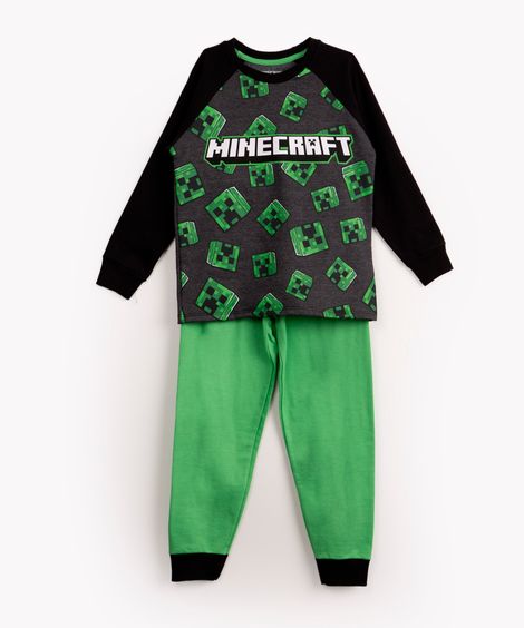 pijama de moletinho infantil minecraft cinza mescla escuro
