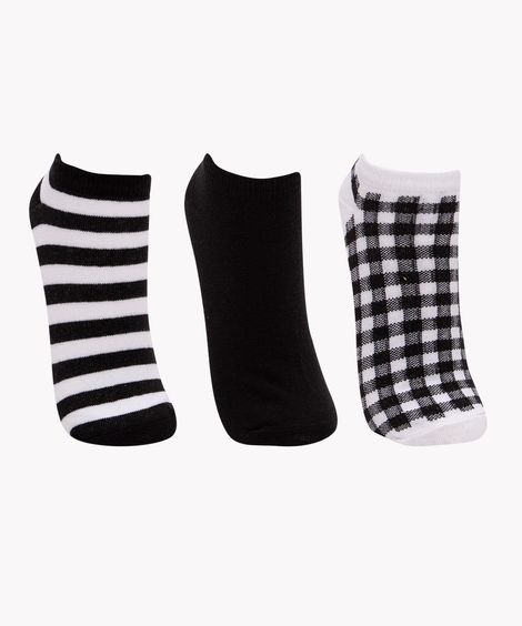 kit de 3 pares de meias cano baixo xadrez multicor