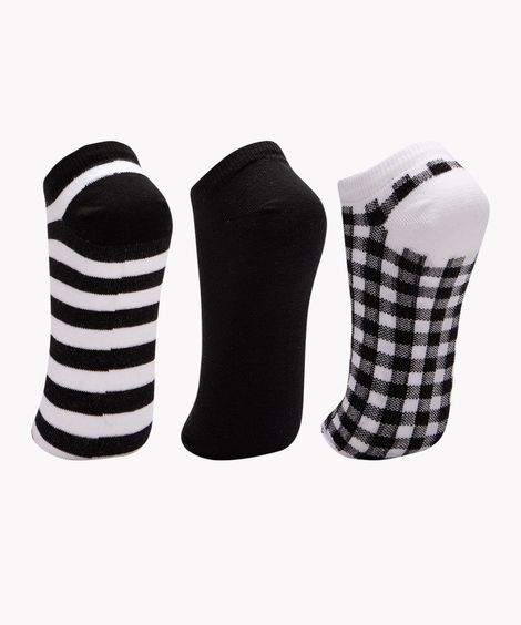 kit de 3 pares de meias cano baixo xadrez multicor