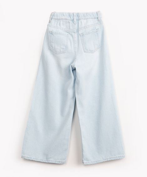 calça jeans wide leg infantil com rasgos azul claro