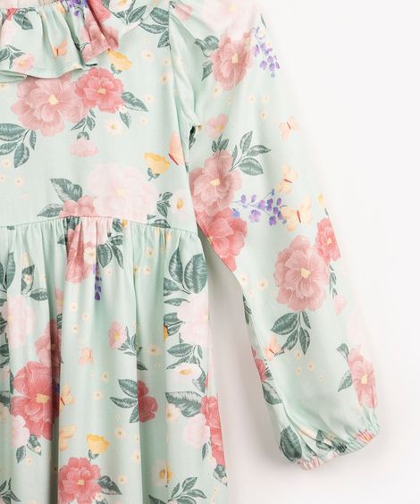 vestido de viscose infantil floral manga longa verde claro