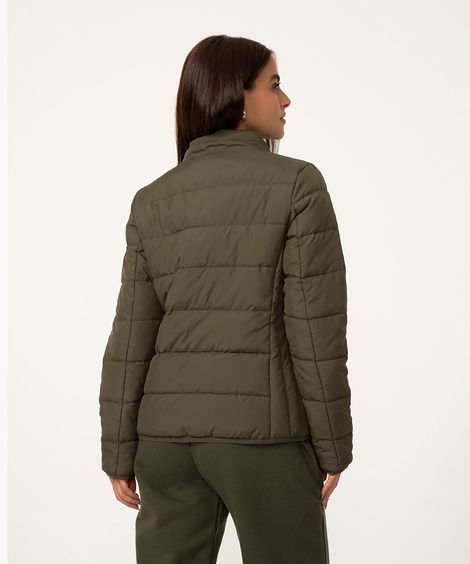 Jaqueta Feminina Puffer Básica Gola Alta Verde Militar
