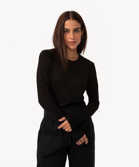 suéter básico de tricô decote redondo azul pastel - preto