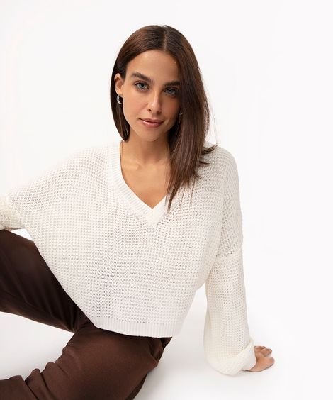 suéter de tricô decote em v off white