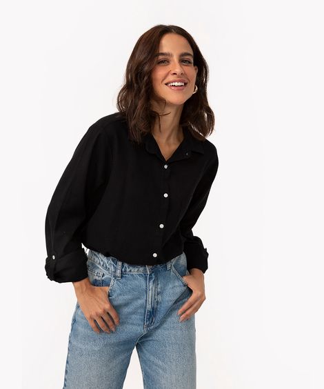 camisa de algodão com bolso manga longa preto