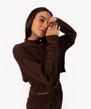 blusa texturizada básica manga longa verde - marrom escuro