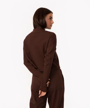 blusa texturizada básica manga longa verde - marrom escuro