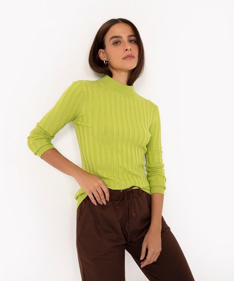suéter de tricô canelado gola alta vermelho - verde abacate